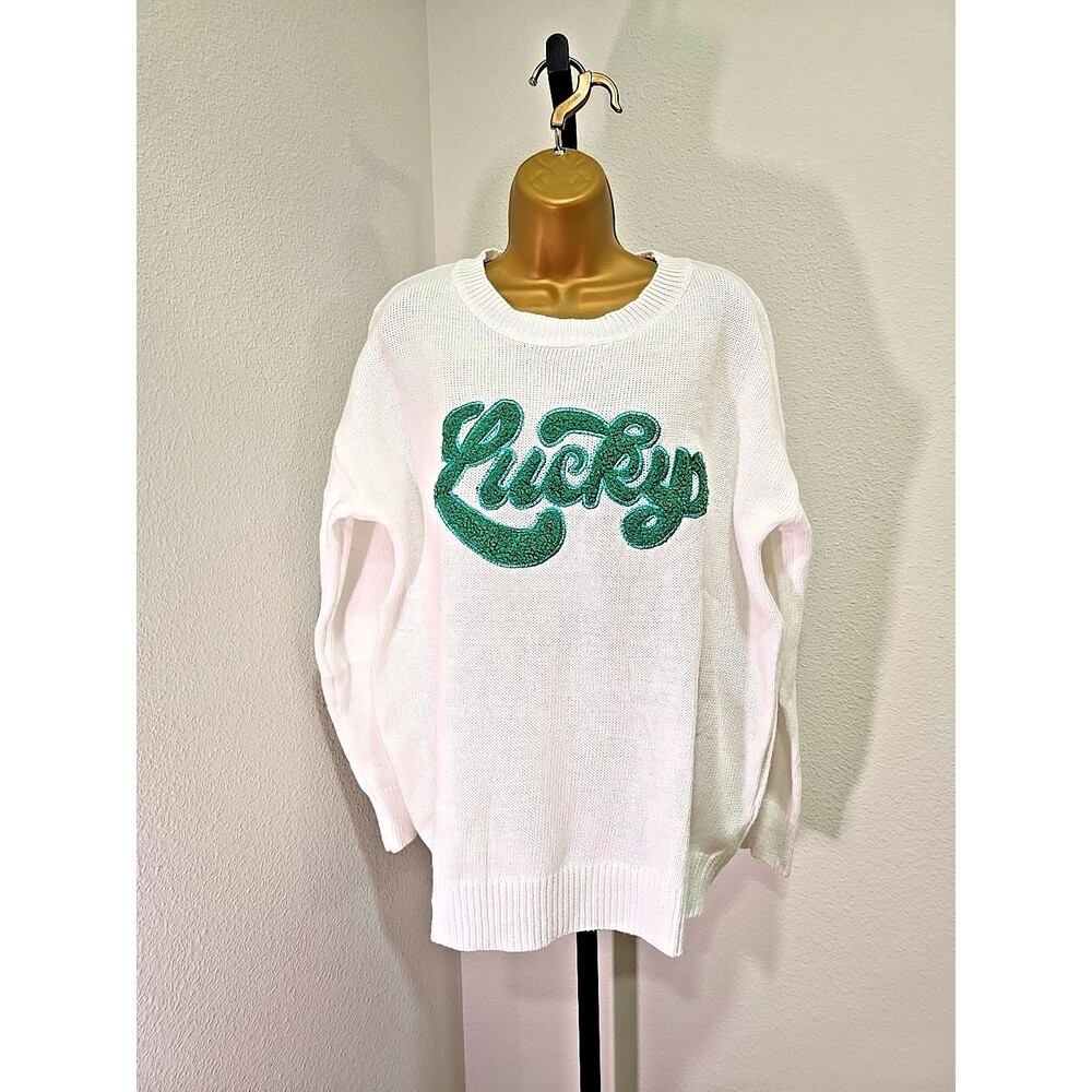 Lucky Spellout White Embroidered Knit Sweater Size XL Green St Patrick's Irish